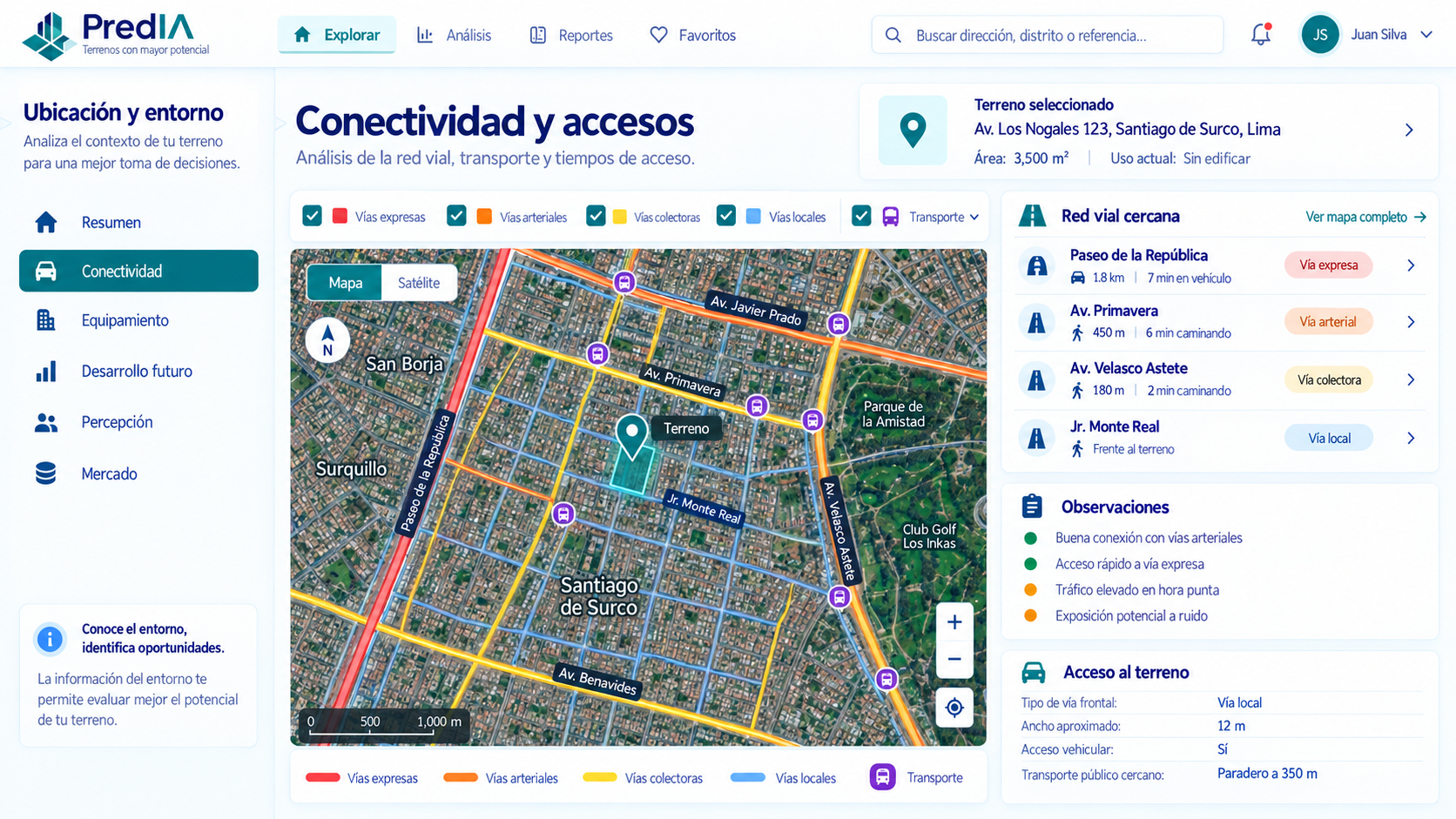 Mapa de conectividad y accesos de un terreno en PredIA