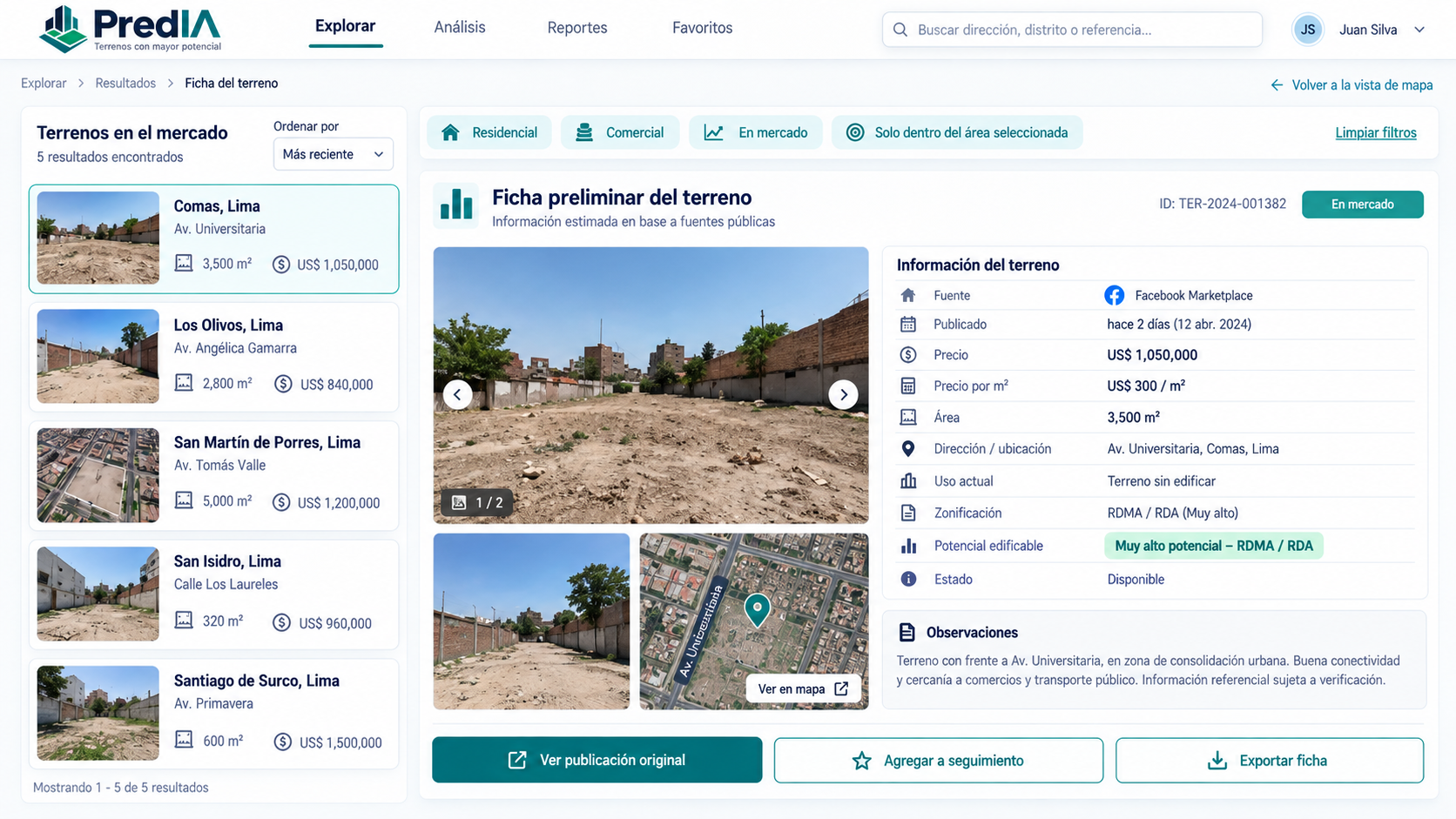 Ficha preliminar de un terreno seleccionado en PredIA